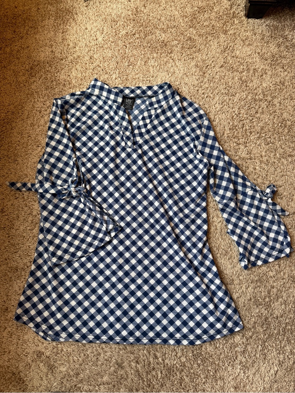 Blue & White Gingham Tie-Sleeve Blouse